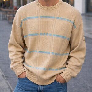 Lyle and Scott size large Men's tan Sweater with Blue Accents, acrylic
